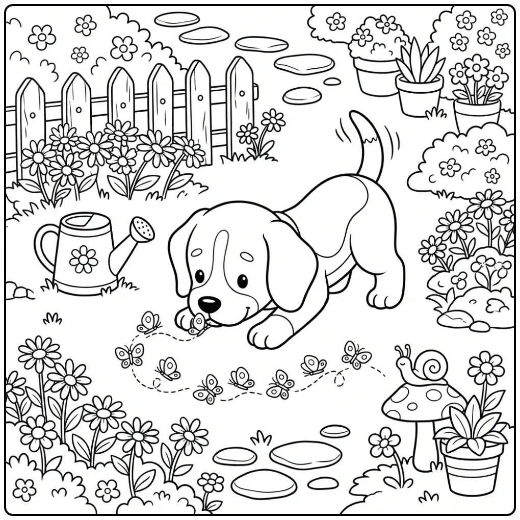 Beagle in tuin als kleurplaat schattige puppy met vlinders.