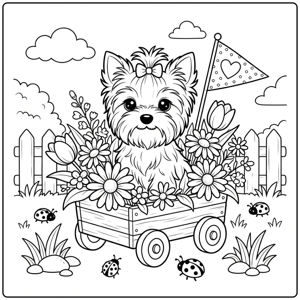 Kleurplaat schattige puppy in wagen met bloemen en vlag