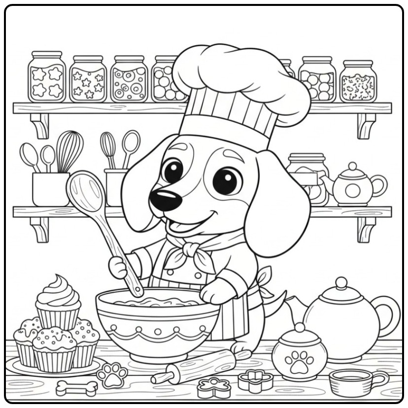 Een schattige kleurplaat teckel als een bakker in de keuken.