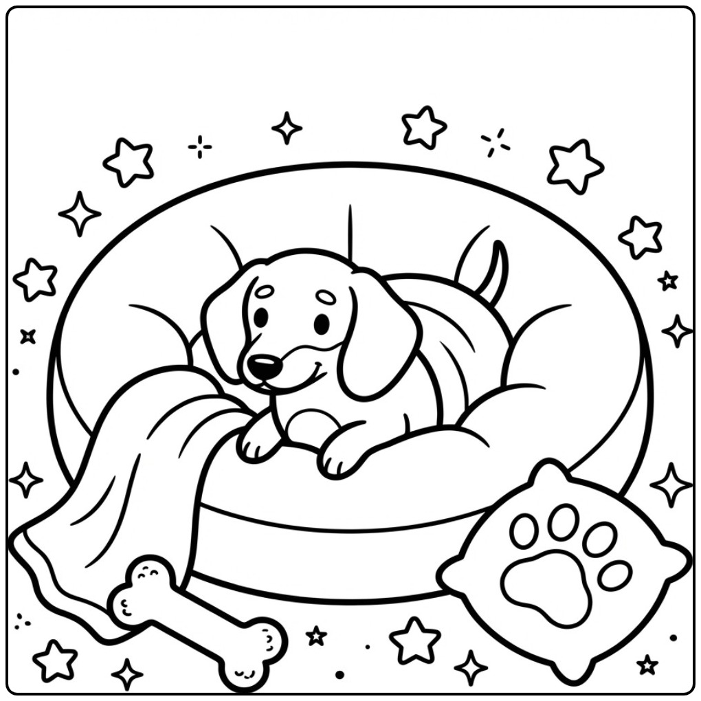 Schattige kleurplaat teckel in een hondenmand met sterren.