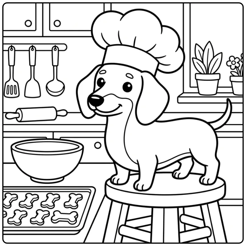 Schattige kleurplaat teckel puppy bakt hondenkoekjes.