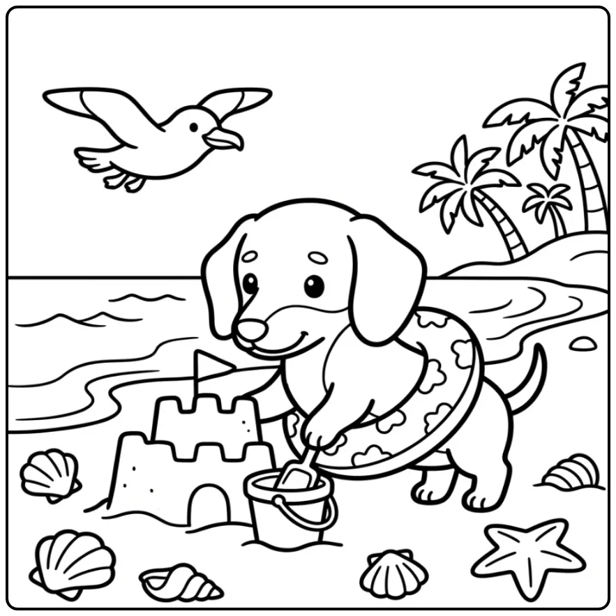 Leuke kleurplaat teckel puppy op het strand met zandkasteel.