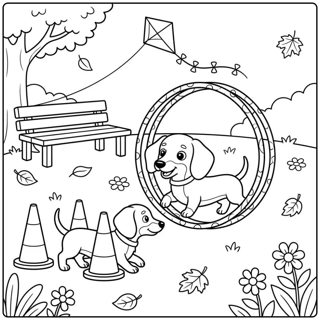 Kleurplaat teckel puppy springt door een hoepel.