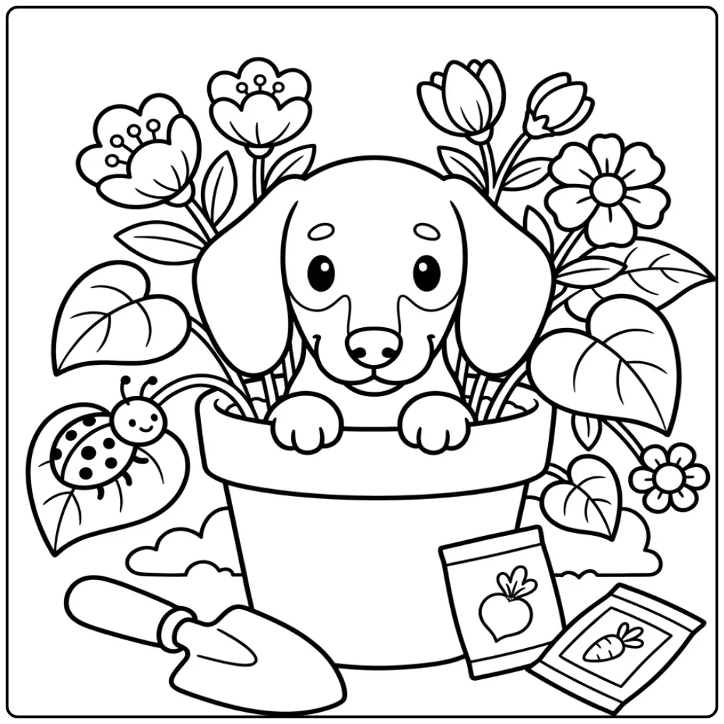 Schattige kleurplaat teckel puppy in een bloempot met bloemen.
