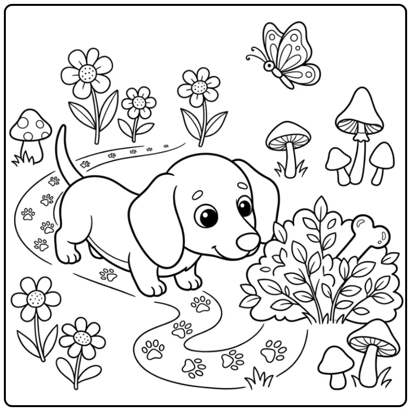 Schattige kleurplaat teckel puppy ruikt aan pootafdrukken