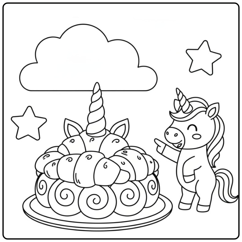 Vrolijke Kleurplaat unicorn Croissant taart om zelf in te kleuren.