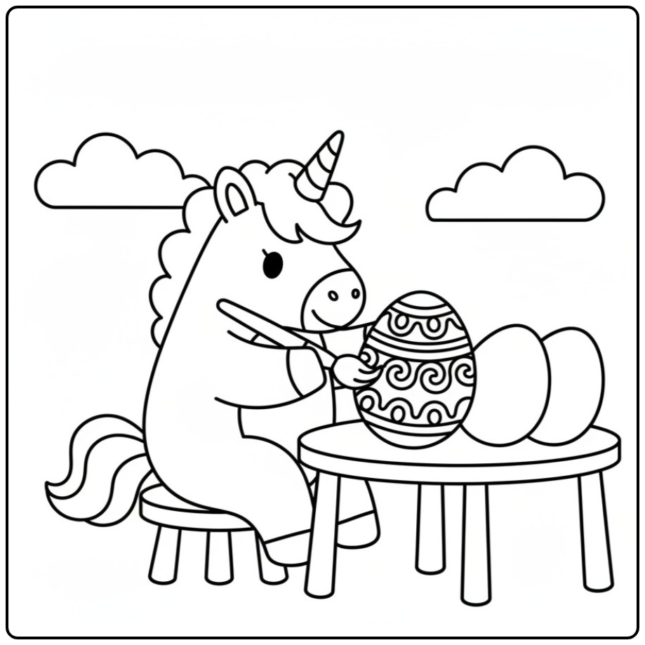 Kleurplaat unicorn die paaseieren schildert. Eenhoorn met Pasen.