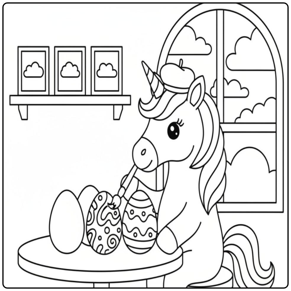 Kleurplaat unicorn die paaseieren schildert. Eenhoorn schildert eieren.