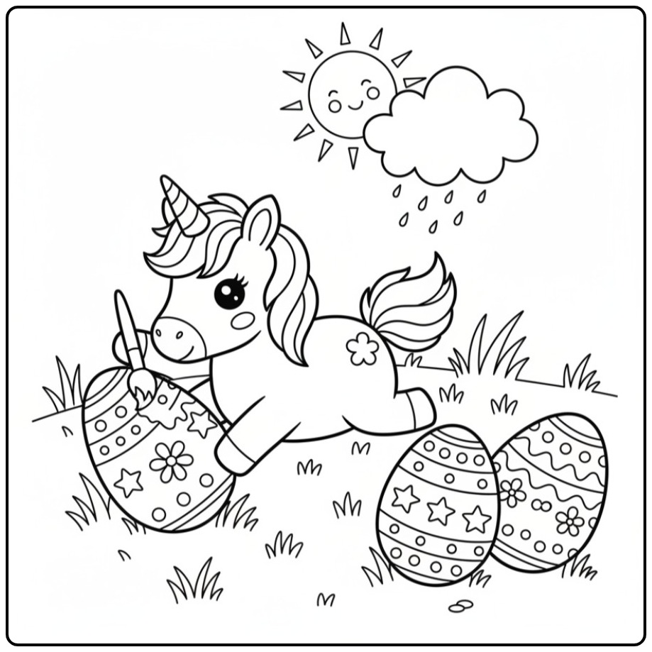 Kleurplaat unicorn die paaseieren schildert, leuk!