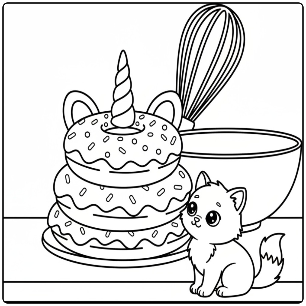 Een schattig katje bij een Kleurplaat unicorn Donut taart.