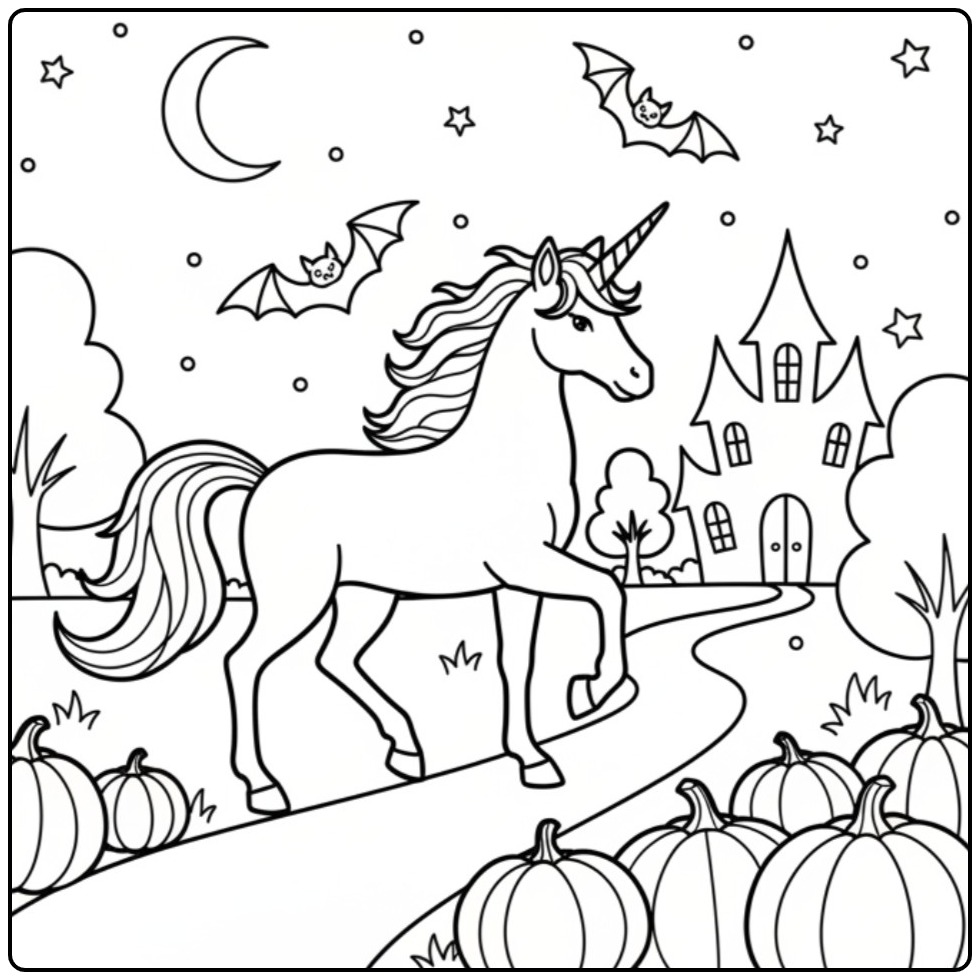 Kleurplaat unicorn en vleermuis voor Halloween met pompoenen.