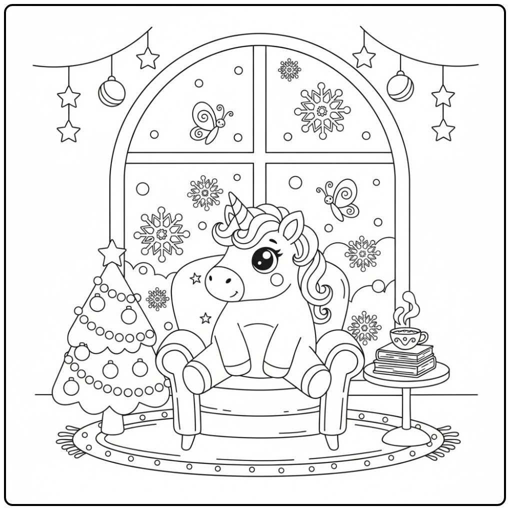 Kleurplaat unicorn en vlinders Kerst bij raam met boom en theekopje.