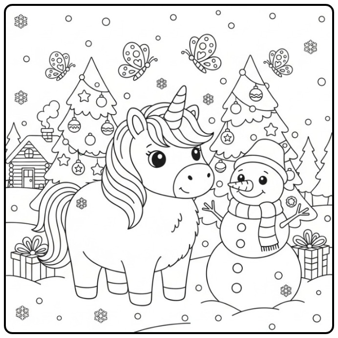 Kleurplaat unicorn en vlinders Kerst, met eenhoorn en sneeuwpop.