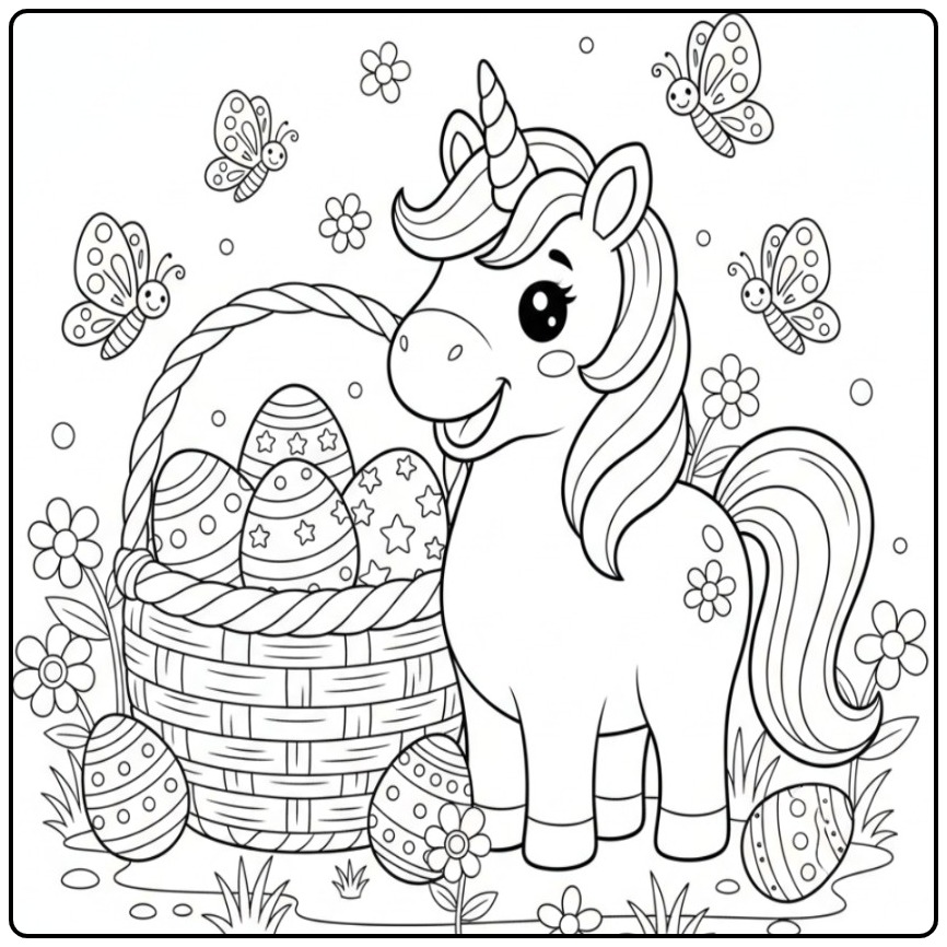 Vrolijke Kleurplaat unicorn en vlinders Pasen met eitjes en bloemen.