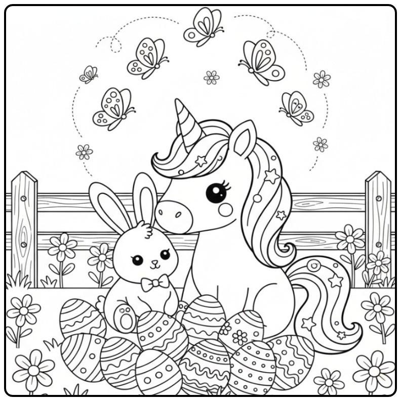 Een vrolijke Kleurplaat unicorn en vlinders Pasen met een lief konijn.