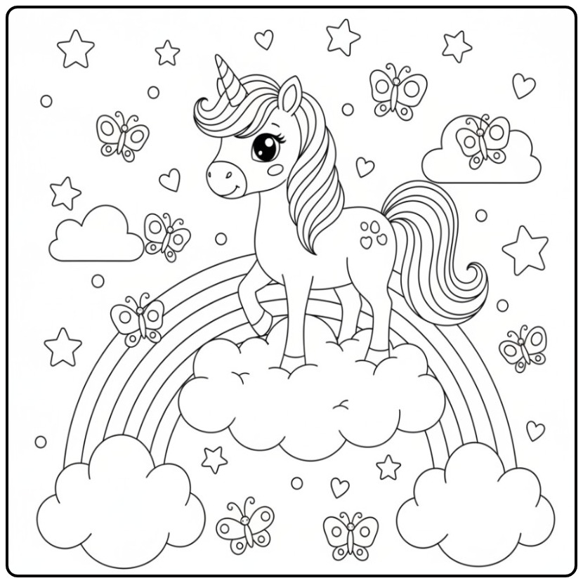 Kleurplaat unicorn en vlinders regenboog op een fluffy wolk