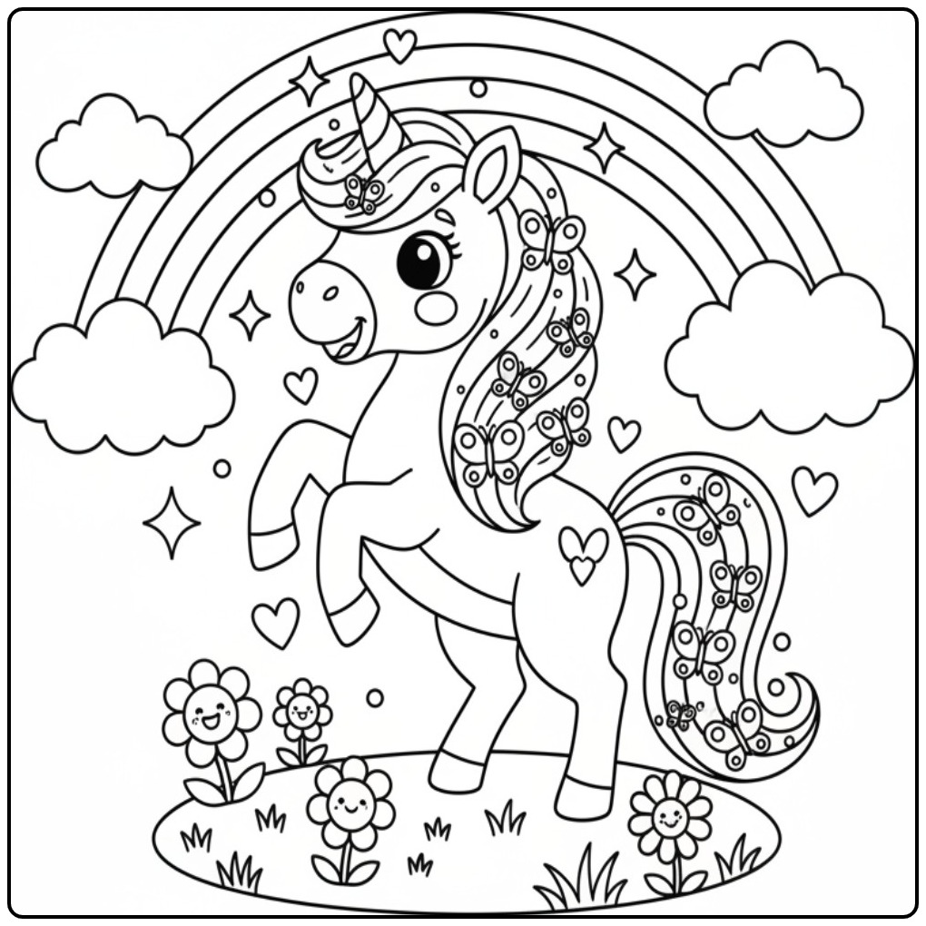 Kleurplaat unicorn en vlinders regenboog, bloemenveld en wolken.