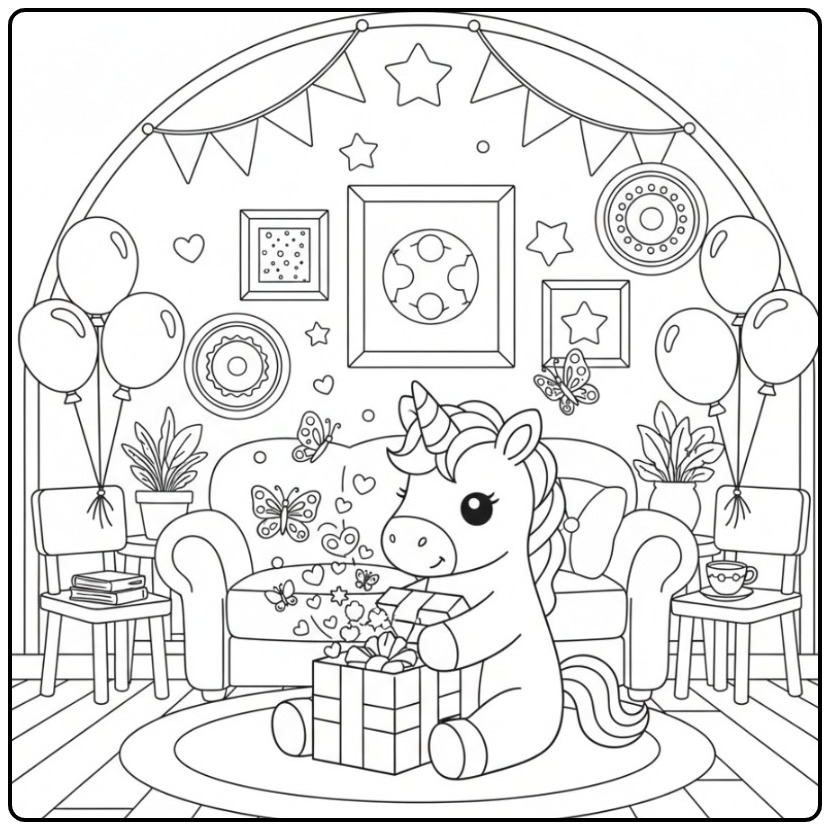 Kleurplaat unicorn en vlinders verjaardag, opent een cadeau.