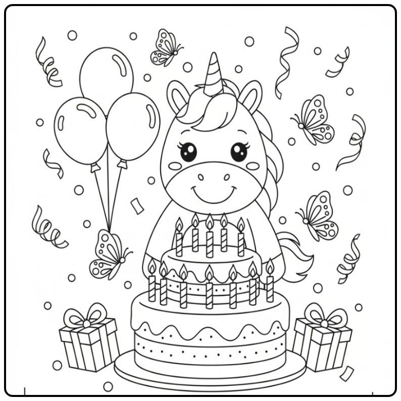 Kleurplaat unicorn en vlinders verjaardag, een vrolijk feestje.