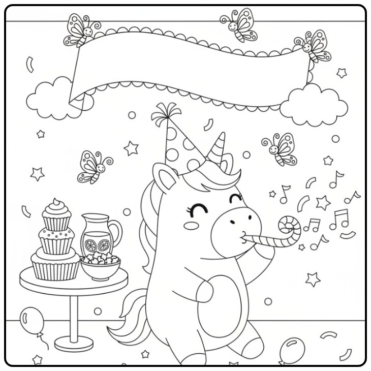 Kleurplaat unicorn en vlinders verjaardag, eenhoorn viert feest.