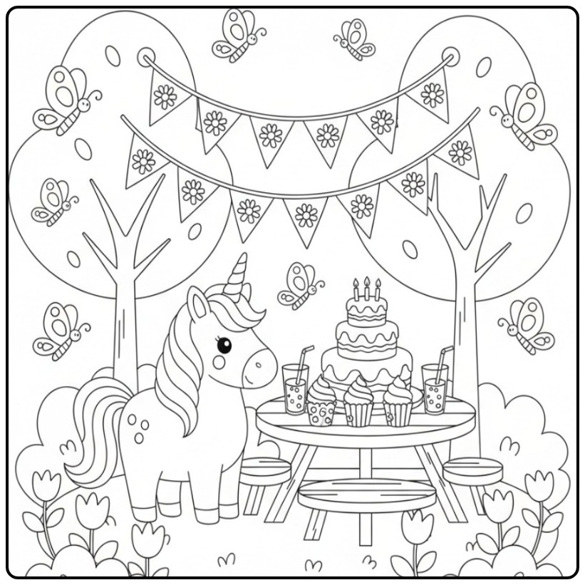 Kleurplaat unicorn en vlinders verjaardag met cake en gebakjes.