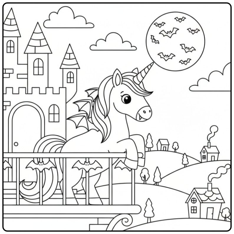 Vleermuis Kleurplaat unicorn heks voor Halloween in de nacht.