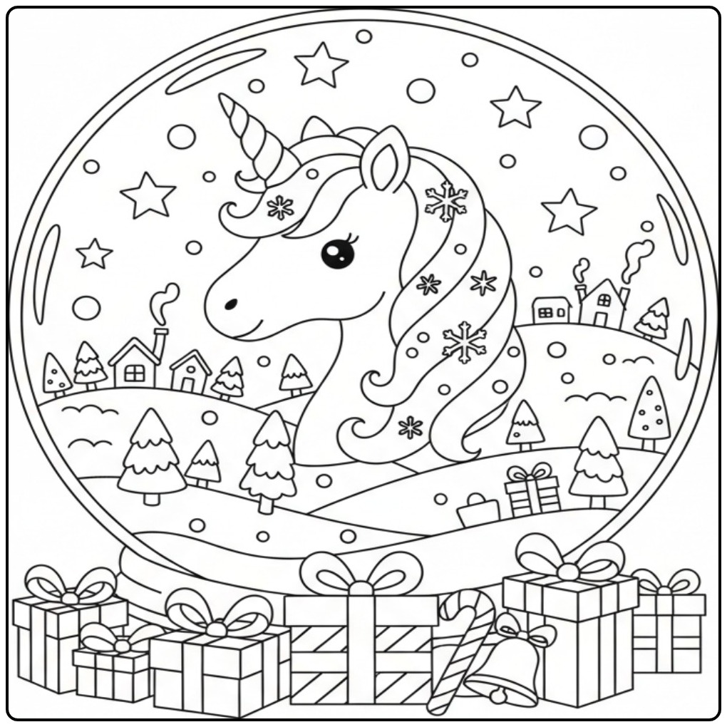 Vrolijke Kleurplaat unicorn hoofd Kerstmis in een sneeuwbol.