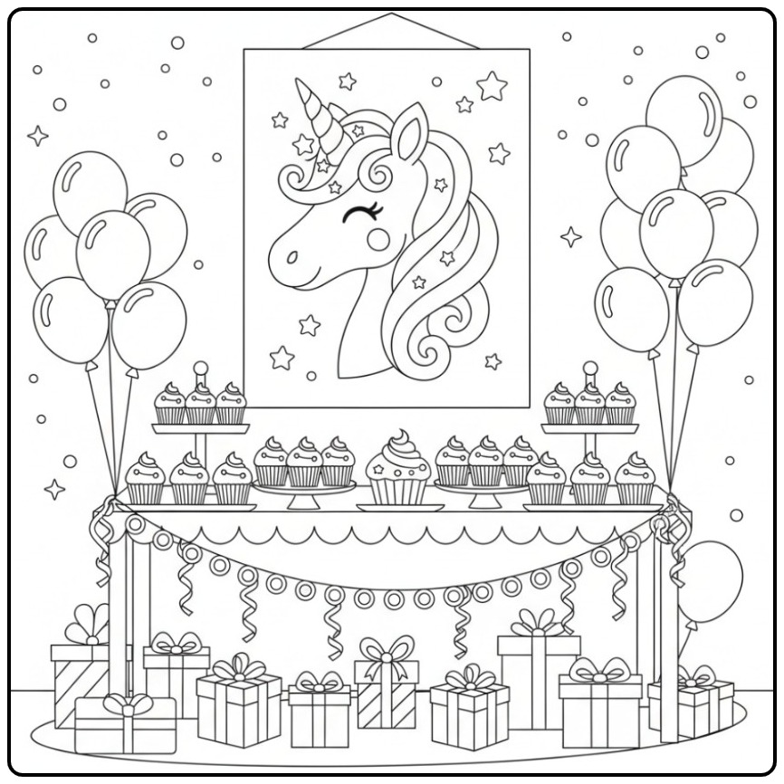 Een vrolijke Kleurplaat unicorn hoofd verjaardag met ballonnen.