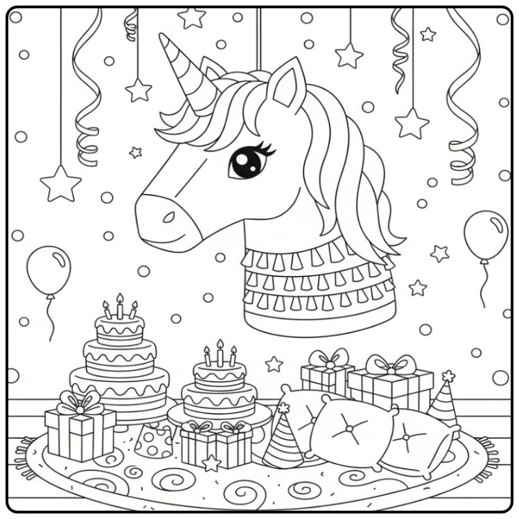 Een leuke Kleurplaat unicorn hoofd verjaardag met cadeaus.