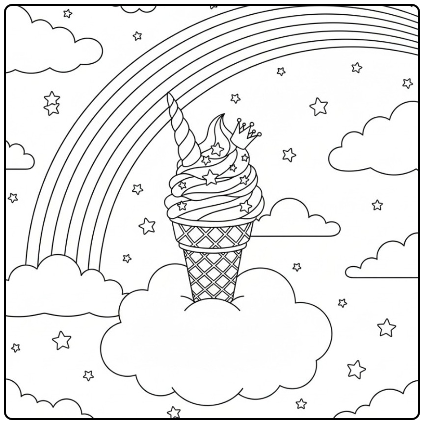 Leuke kleurplaat unicorn ijsje met regenboog en wolken voor kinderen.