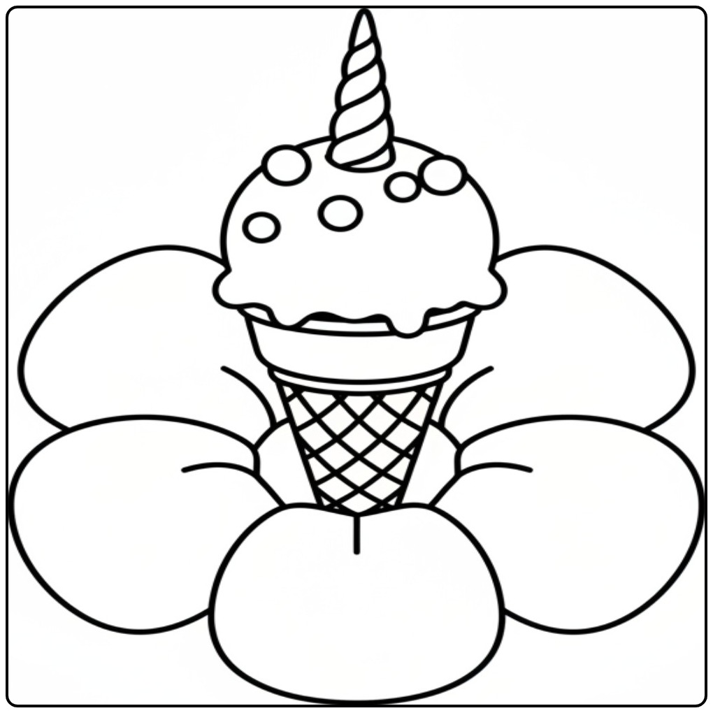 Leuke kleurplaat unicorn ijsje met toefjes en een magische hoorn.