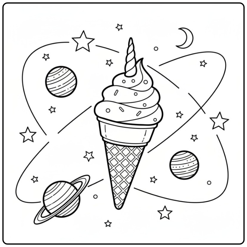 Leuke kleurplaat unicorn ijsje zweeft tussen planeten en sterren.