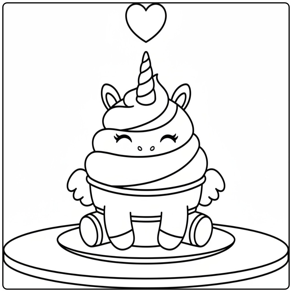 Leuke kleurplaat unicorn ijsje met hartje, klaar om in te kleuren.