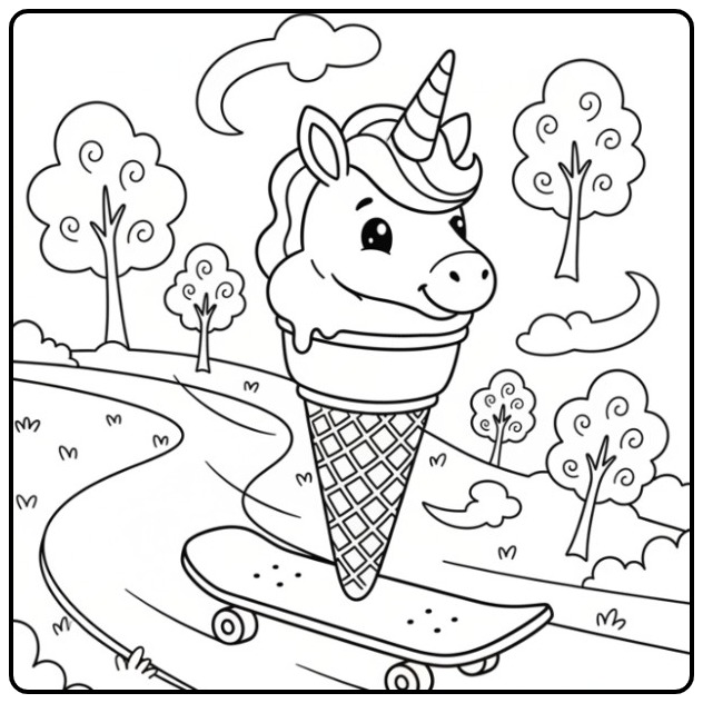 Kleurplaat unicorn ijsje op skateboard in het park. Gratis.