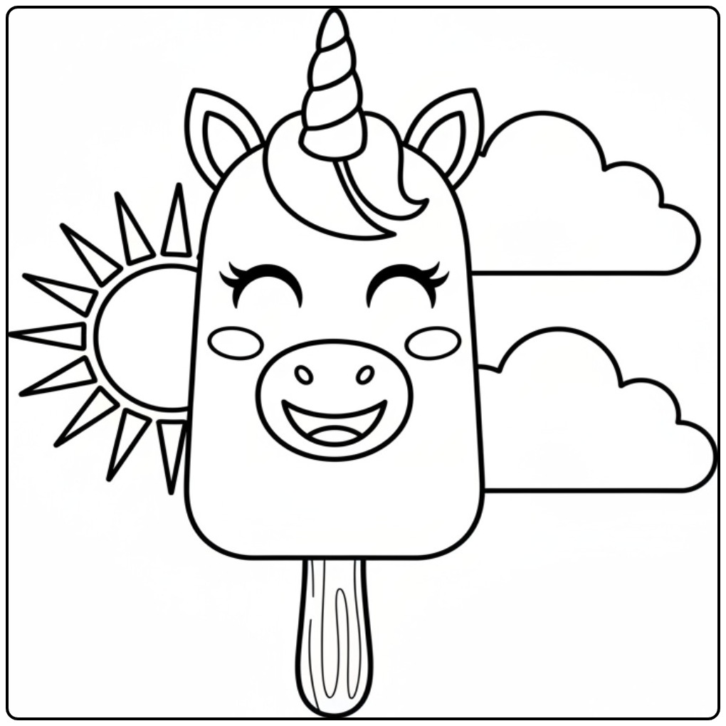Kleurplaat unicorn ijsje: vrolijk gezicht met zon en wolken.
