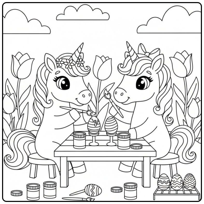 Kleurplaat unicorn pasen: Twee eenhoorns schilderen paaseieren.