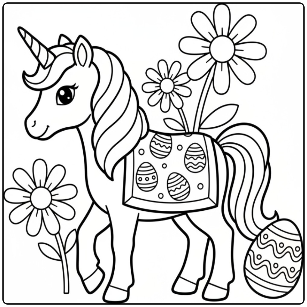 Kleurplaat unicorn pasen met bloemen en paaseieren.