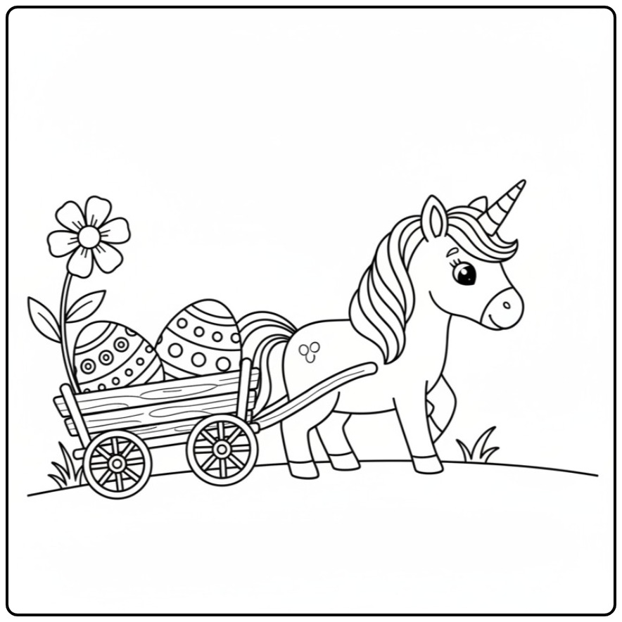 Kleurplaat unicorn pasen met wagen vol eieren, zo lief!