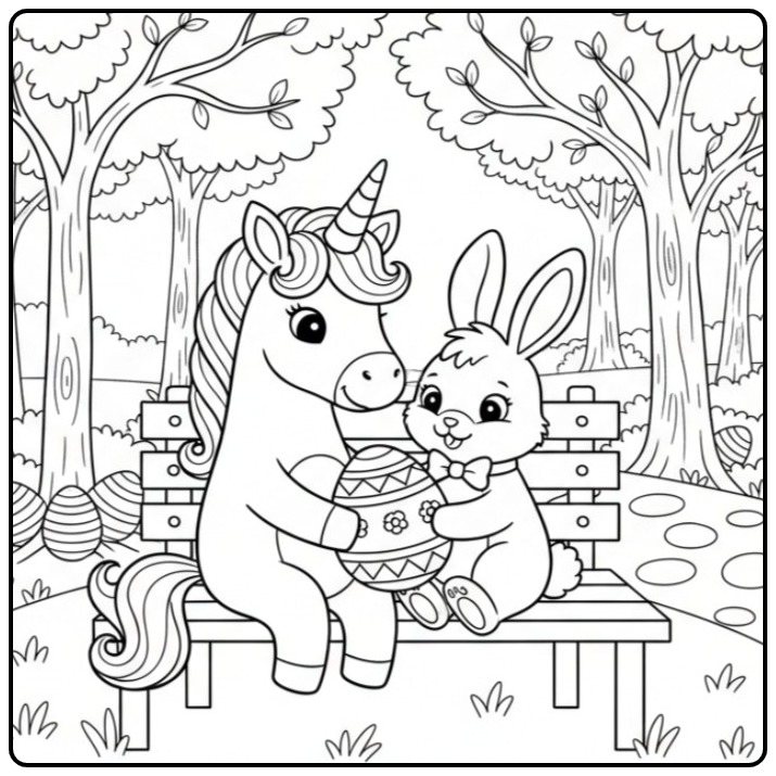 Kleurplaat unicorn pasen, eenhoorn en konijn vieren feest!