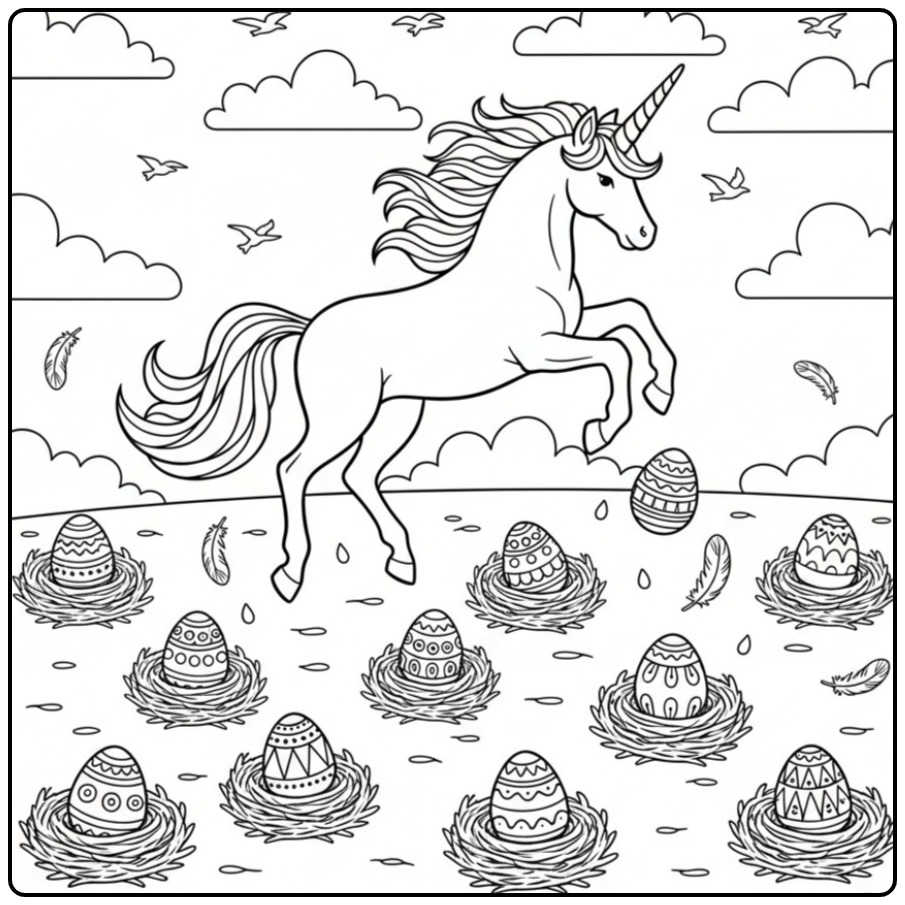 Kleurplaat unicorn pasen met eieren in nesten, schattig!