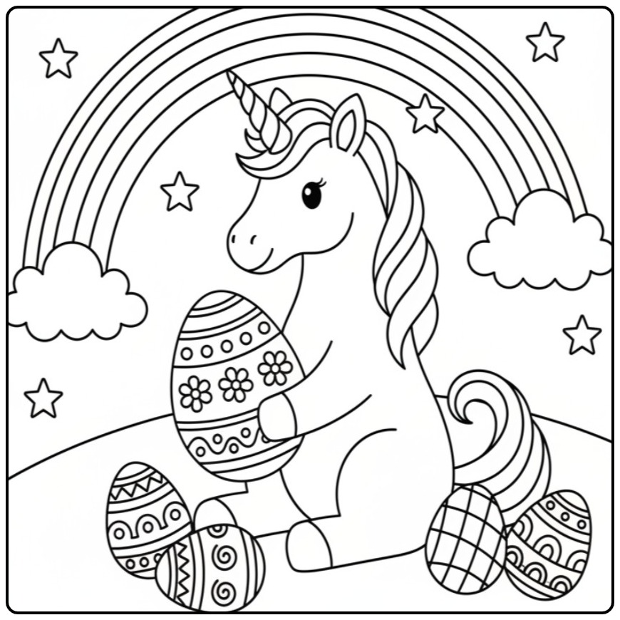 Kleurplaat unicorn pasen met regenboog en eieren
