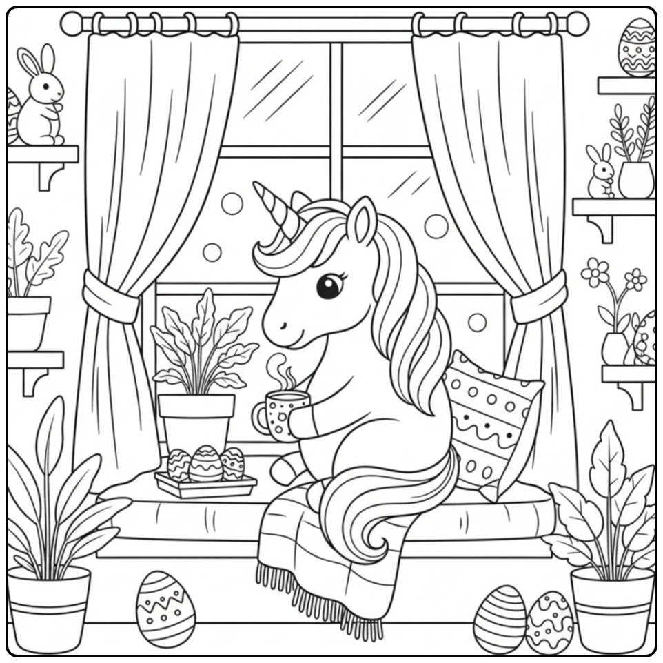 Kleurplaat unicorn pasen met eenhoorn en planten voor het raam.