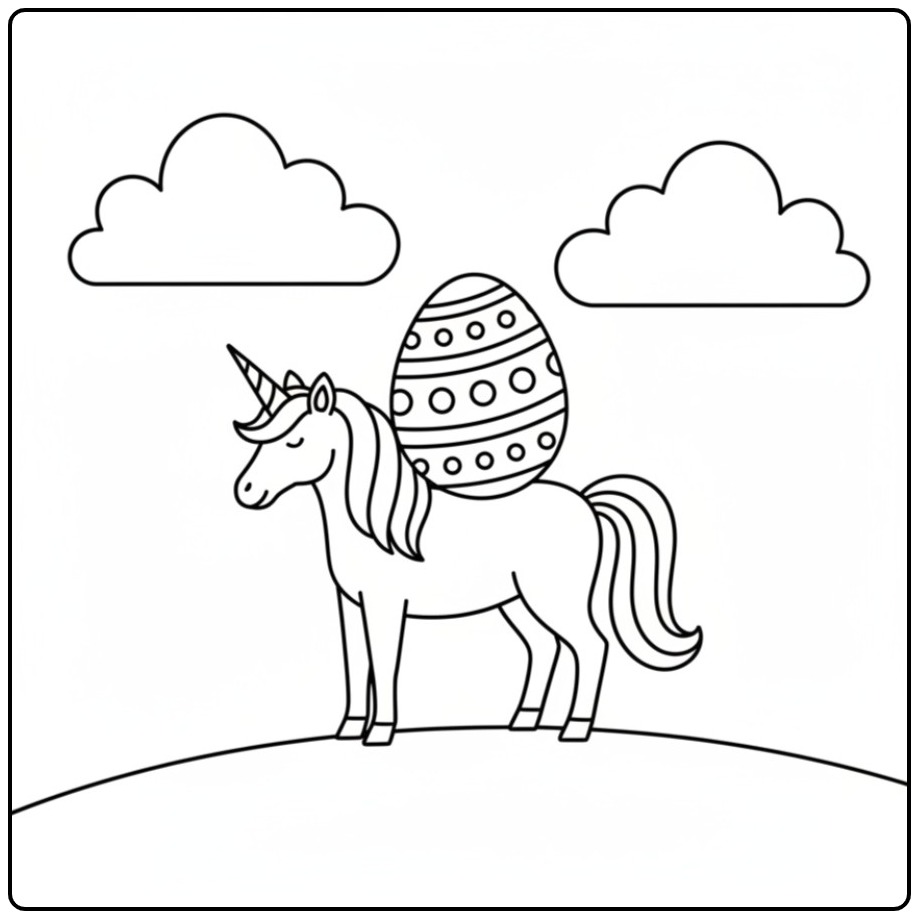 Kleurplaat unicorn pasen met een ei op zijn rug, mooi!