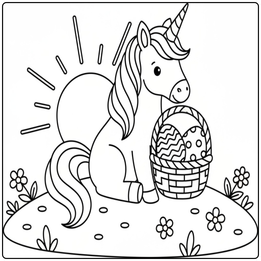 Kleurplaat unicorn pasen met mand eieren, klaar om in te kleuren!