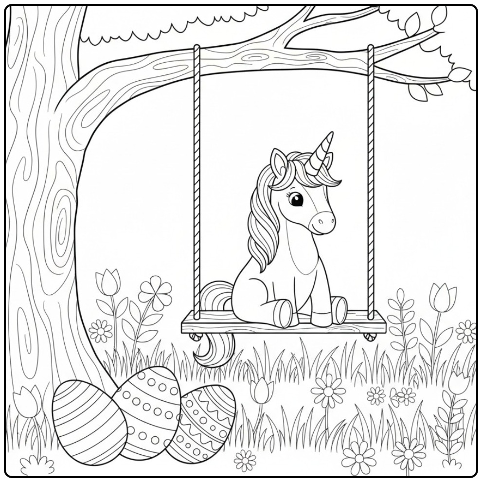 Kleurplaat unicorn pasen in de tuin, schattig!