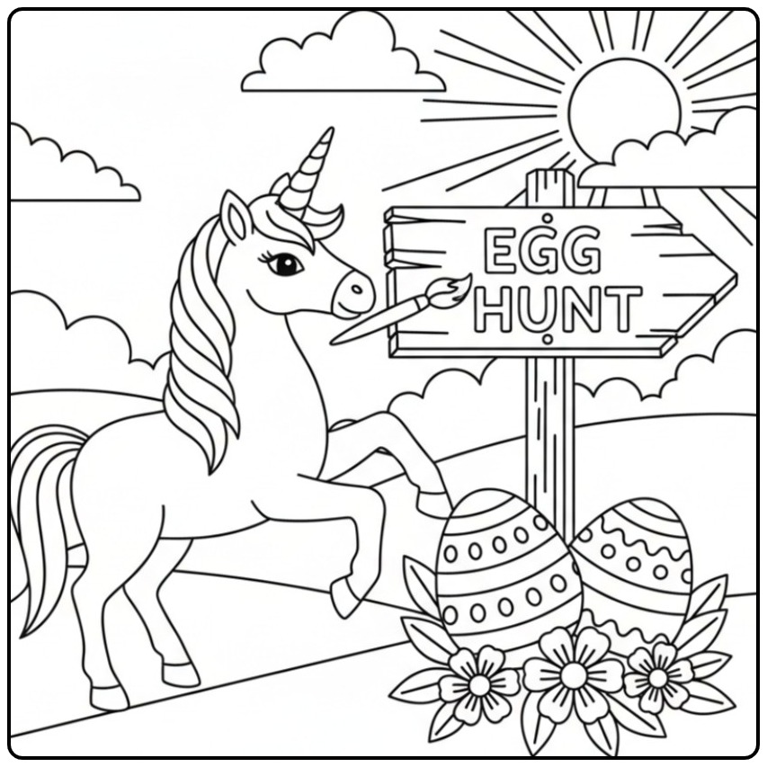 Kleurplaat unicorn pasen met eenhoorn en paaseieren schilderen.