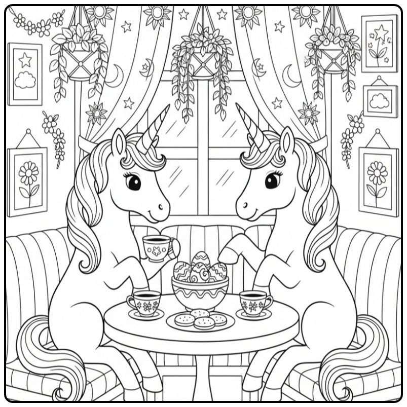 Eenhoorn kleurplaat unicorn pasen drinkt thee. Wat een feest!
