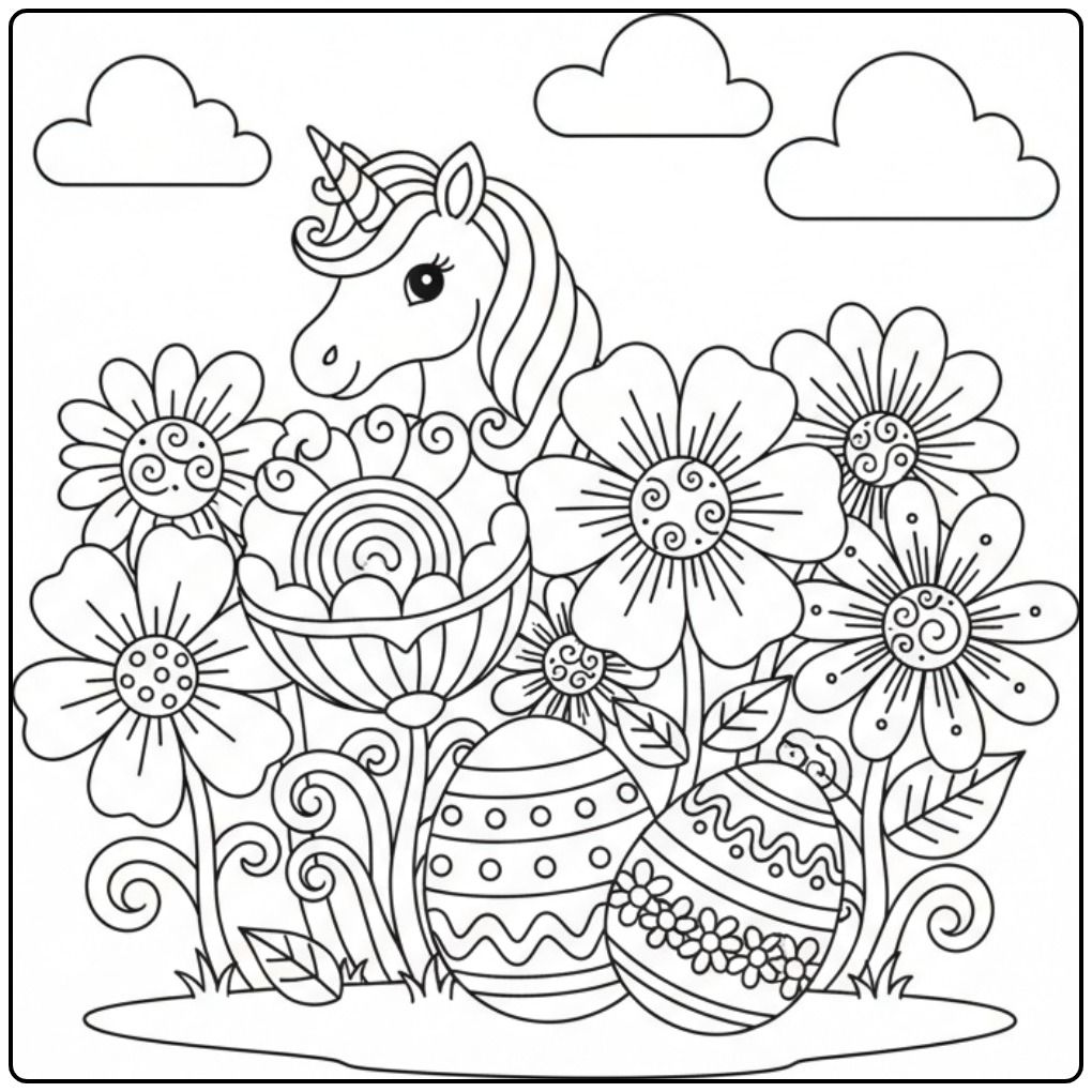Kleurplaat unicorn Pasen in bloementuin, vrolijk in de tuin.