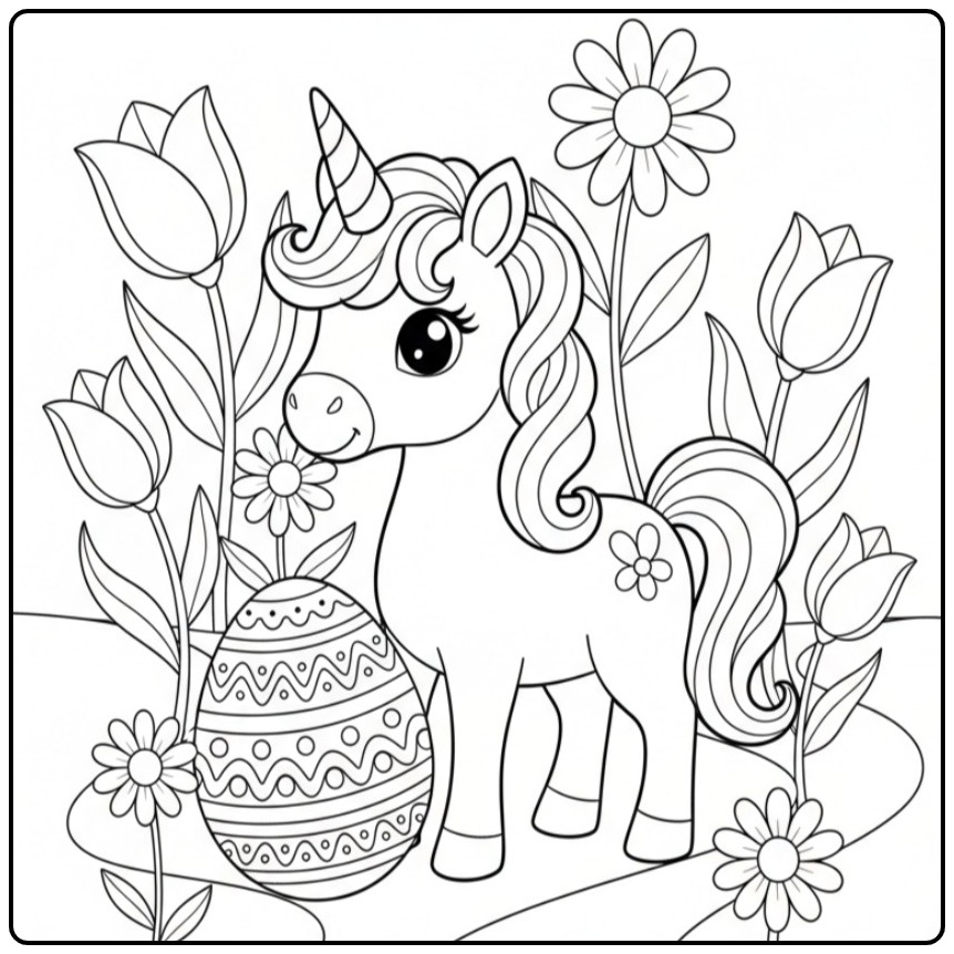 Kleurplaat unicorn Pasen in bloementuin tussen de tulpen.