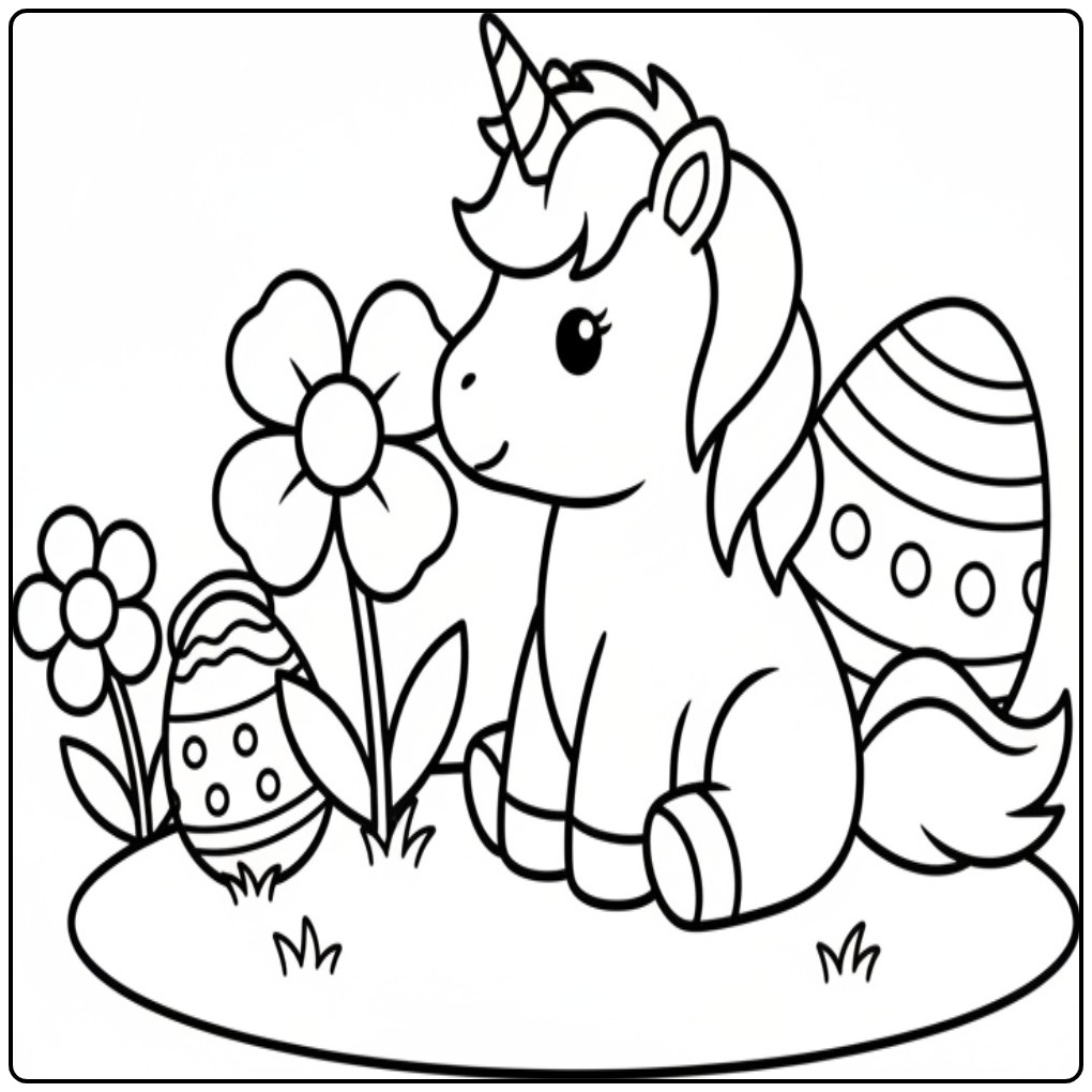 Kleurplaat unicorn Pasen in bloementuin op de groene heuvel